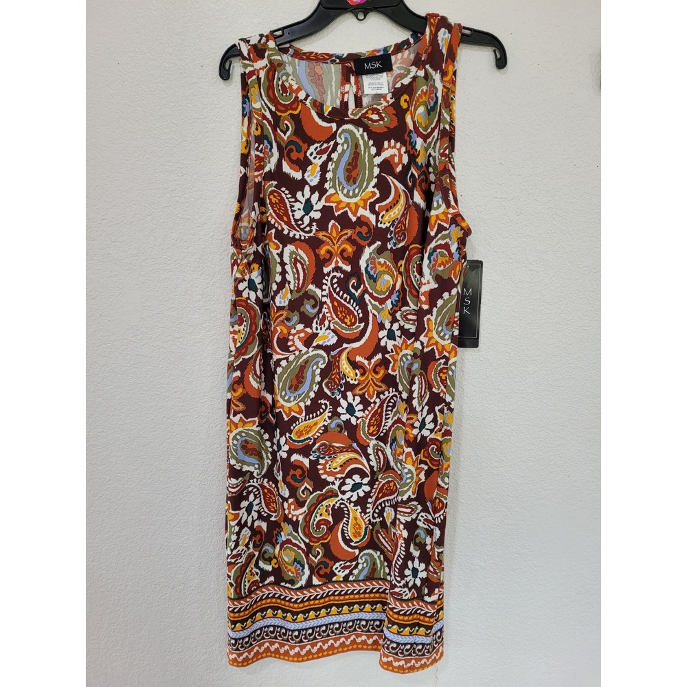 MSK Womens Paisley Sleeveless Shift Dress Cinn Stick Orange Brown Floral L #25